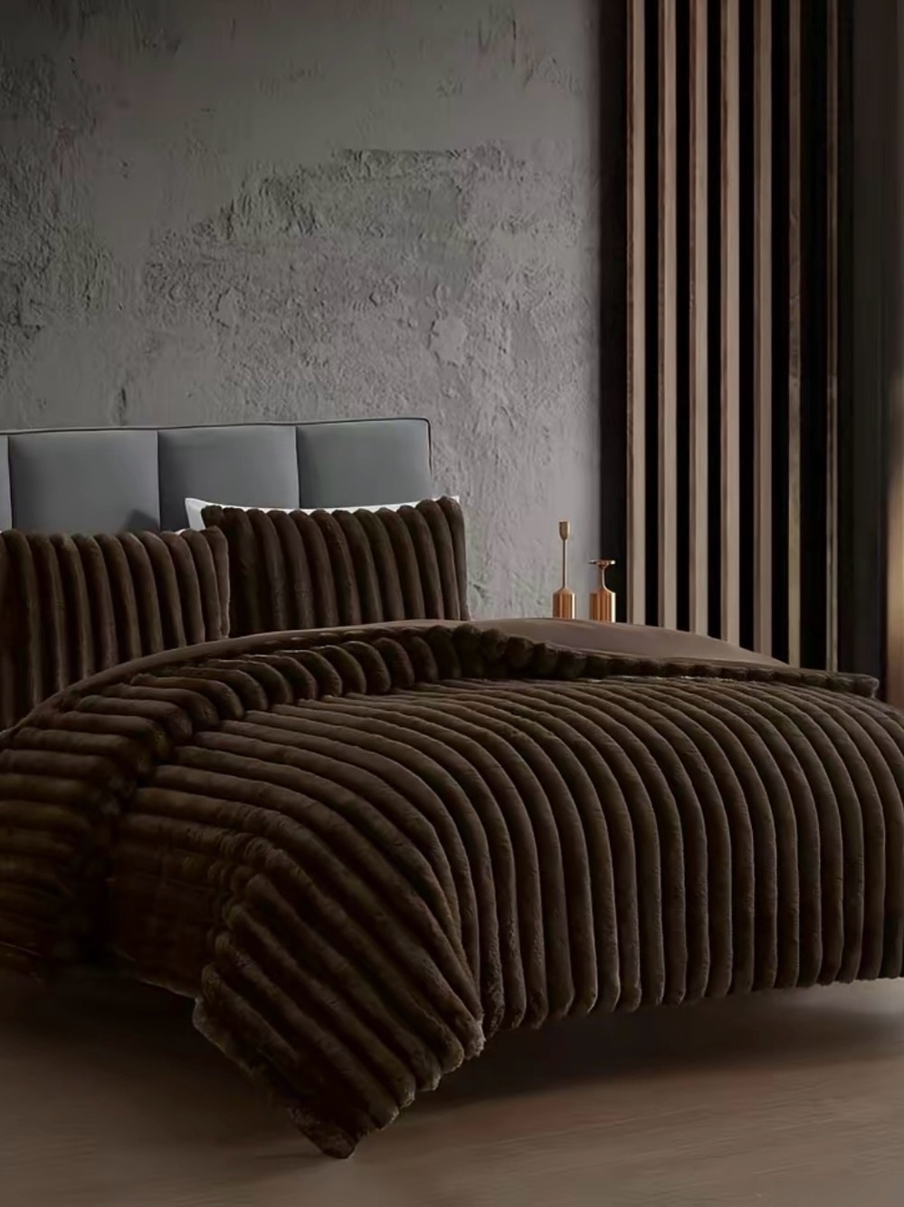 3 Piece Faux Fur Plush Ribbed Chocolate Brown Comforter Set